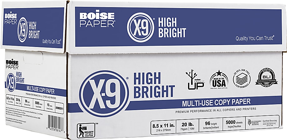Boise X 9 High Bright Multi Use Printer Copier Paper Letter Size 8 12 x 11  5000 Total Sheets 96 U.S. Brightness 20 Lb White 500 Sheets Per Ream Case  Of 10 Reams - Office Depot